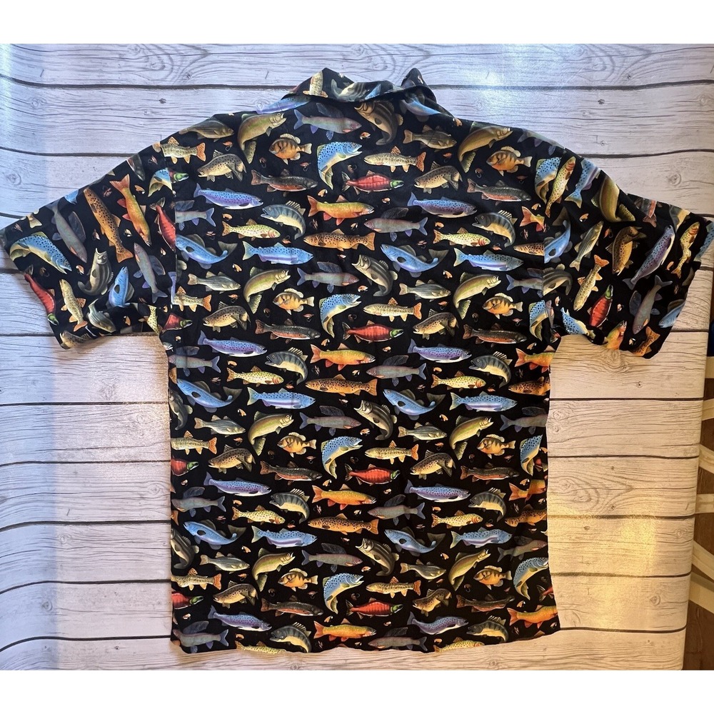 Max Boxxer Button Shirt Mens L Large Fishing All Over Fish Print Black Contrast - Picture 6 of 6